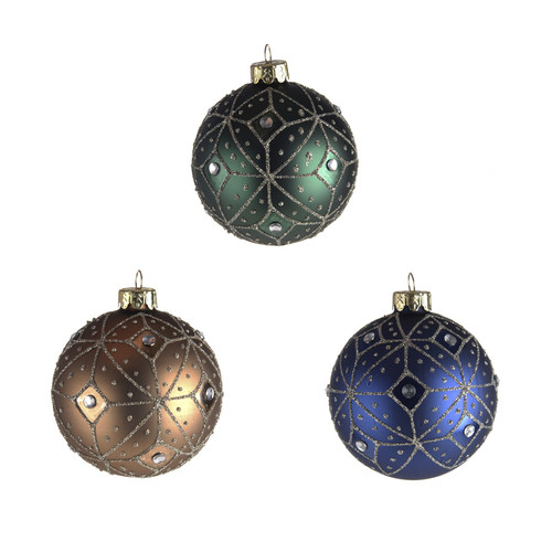 Glass Bauble with Textured Pattern Teal Blue & Gold (8cm) (Assorted Designs)