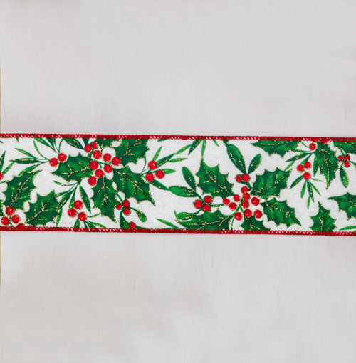 Red & Green on White Holly & Berries Ribbon (63mm x 9.1m)