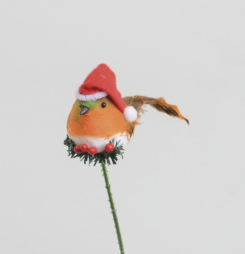 Festive Red Robin with Santa Hat Pick