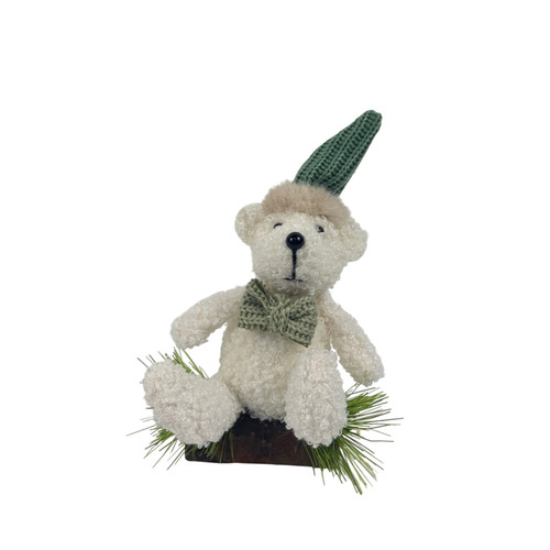 Curly Bear with Bowtie on Stump Ornament (14cm)
