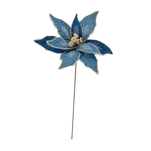 Blue Poinsettia Stem with Natural Buttons Centre (52cm)