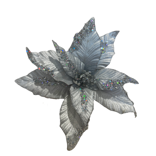 Silver Velvet Glittery Poinsettia Pick (28cm)
