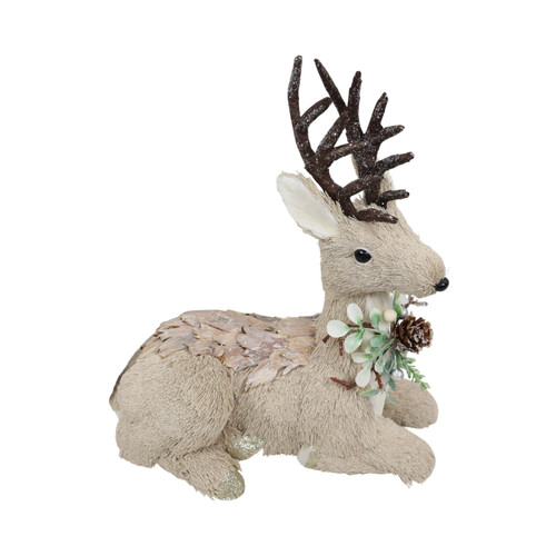 Grey Resting Deer with Winter Pine Cones & Berries