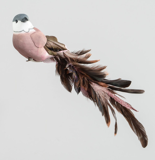 Rose Pink Glittered Bird Decoration with Long Feathers & Clip (30cm)