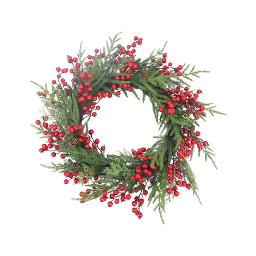 Green Pine & Red Berry Wreath (55cm)