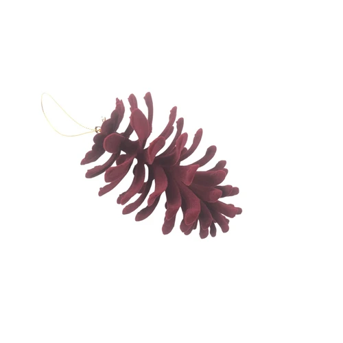 Burgundy Flocked Open Pine Cone Hanging Decoration (15cm)