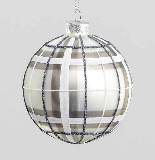 Silver & White Tartan Glass Bauble (10cm)