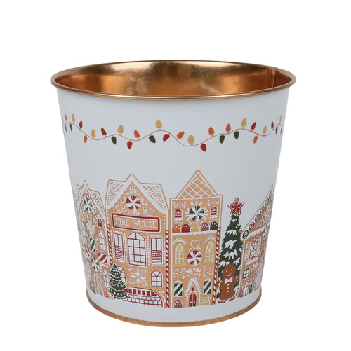 Gingerbread Houses Scene Metal Planter Pot with Liner (11.5cm H)