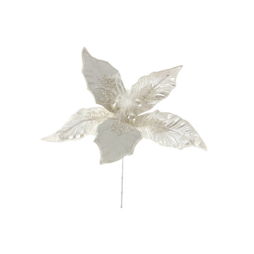White Jewelled & Feathered Poinsettia Pick (26cm)