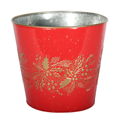 Red & Gold Holly Print Metal Planter (19cm)