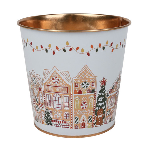 White Metal Planter with Gingerbread Houses Design (16cm)