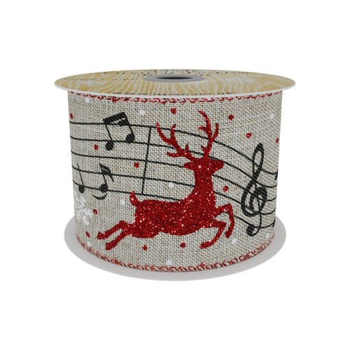Natural Ribbon With Red Reindeer and Musical Notes (63mm x 10yd) Natural Ribbon With Red Reindeer and Musical Notes (63mm x 10yd)