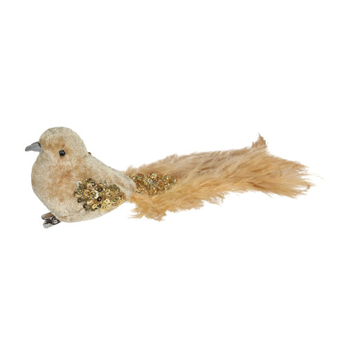 Gold Velvet Bird with Glitter and Clip (20cm) 
