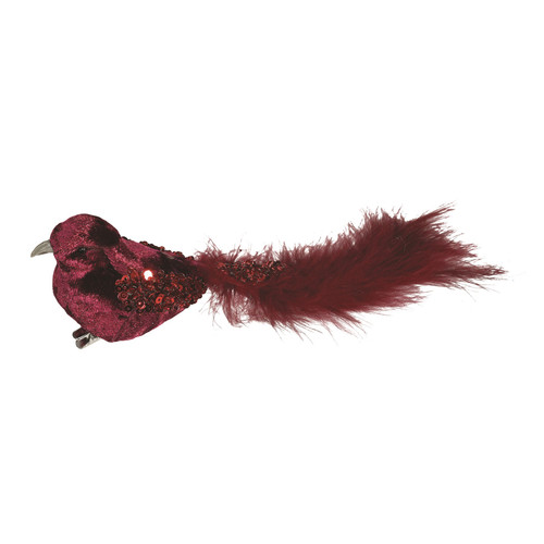 Burgundy Velvet Bird with Glitter and Clip (20cm)  Burgundy Velvet Bird with Glitter and Clip (20cm)