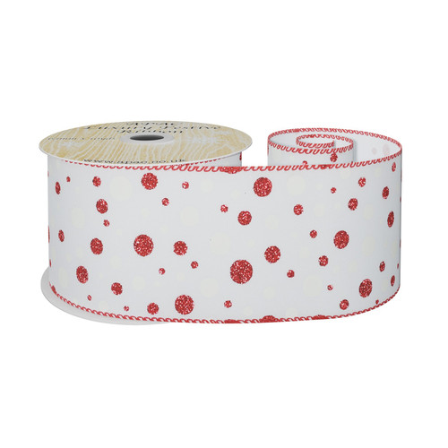 White Wired Ribbon with Red and White Dots (63mm x 10 yards) White Wired Ribbon with Red and White Dots (63mm x 10 yards)