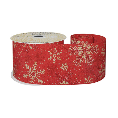 Red Wired Ribbon with Red and Gold Snowflakes (63mm x 10 yards) 