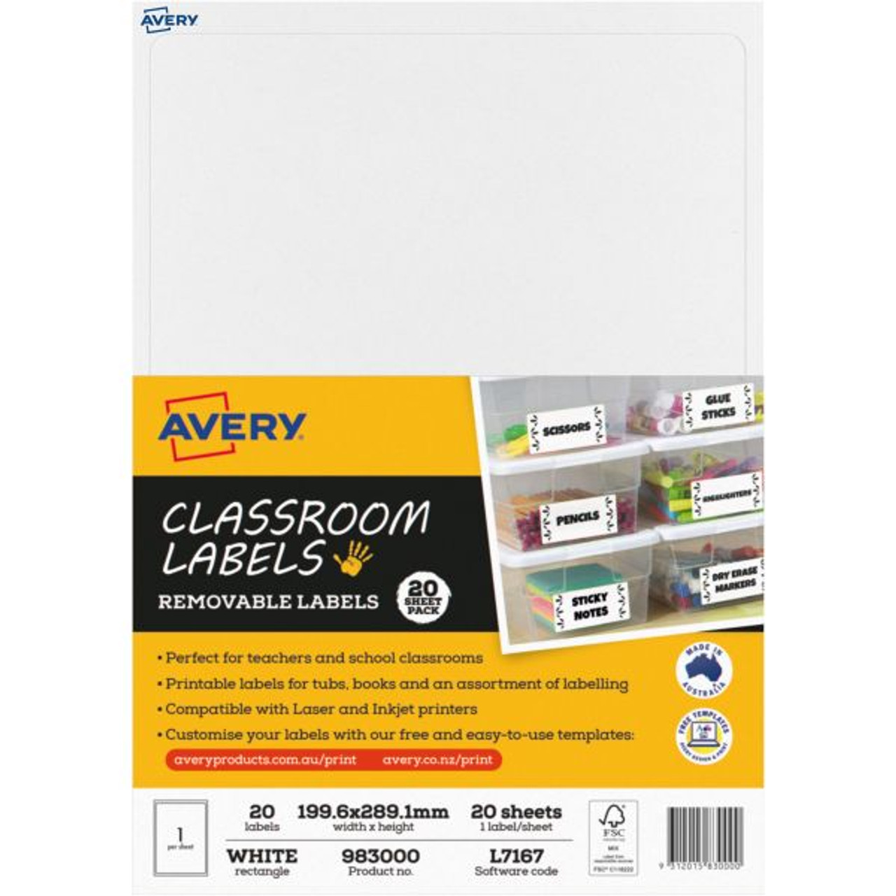 Avery Classroom Labels Laser Printer 199.6 x 289.1 mm White 20 Labels, 20  Sheets
