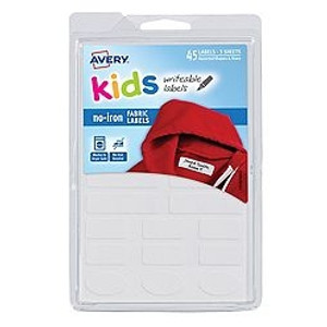 AVERY KIDS WRITEABLE NO-IRON FABRIC LABELS Assorted Shapes & Sizes 45 Labels / 3 Sheets