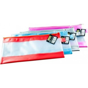 PVC MESH POUCH WITH COLOURED BANDS PENCIL CASE 3 Assorted Colours 34 x 17cm