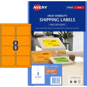 AVERY MAILING LASER LABELS L7165FO 8L/P/Sht 99.1x67.7mm, Laser, Fluoro Orange, 200 Labels / 25 Sheets