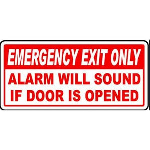 EMERGENCY EXIT SIGN ON ACM METAL 14" X 10" PRINTED RED ON WHITE BACKING WITH ADHESIVE BACKING