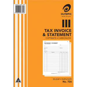 OLYMPIC CARBONLESS INVOICE & STATEMENT BOOKS 726 Dup 250x200mm 142804