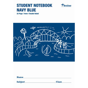 WRITER BOARD COVER STUDENT NOTE BOOK NAVY BLUE 32 PAGE DOUBLE RULED 4MM