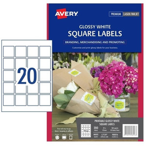 AVERY L7124 GLOSSY SQUARE LASER/INKJET LABELS 45MM X 45MM WHITE 200 Labels / 10 Sheets