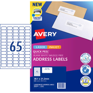 AVERY SURE FEED LABELS LASER 38.1 X 21.2MM WHITE PACK OF 650, L7651