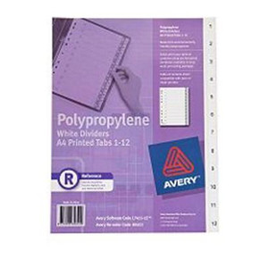 AVERY L7411 12 DIVIDERS PP A4 1-12 Index Tabs White