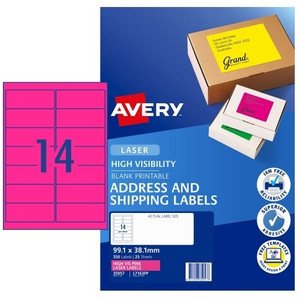 AVERY SIGNALLING FLUORO LASER LABELS L7163FP Pink 14 L/P/Sht 99.1x38.1mm, 25 Sheets