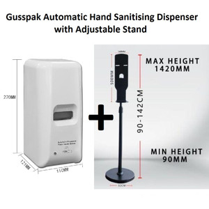 Gusspak Automatic Contactless Touch Free Soap Dispenser / Hand Sanitising Dispenser Station 1000ml with Height Adjustable Stand 90cm-142cm (GP-XMSBJDISP11 + GP-XMDS1)