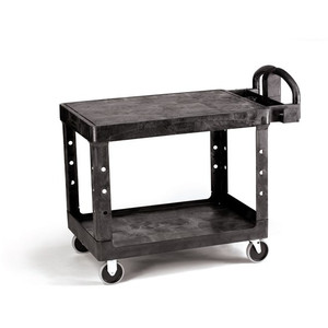 RUBBERMAID BLACK HEAVY DUTY 2 FLAT SHELF UTILITY TROLLEY LARGE 111CM X 66CM - LOAD LIMIT 227KG (500LB)