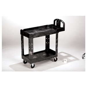 RUBBERMAID BLACK HEAVY DUTY ERGO HANDLE UTILITY CART - LIPPED SHELF - MEDIUM 111CM X 64CM - LOAD LIMIT 227KG (500LB) ** ETA mid-end July **