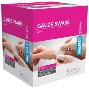 AEROSWAB Sterile White Gauze Swab 5 x 5cm - Box of 75 (Contains 25 packets of 3)