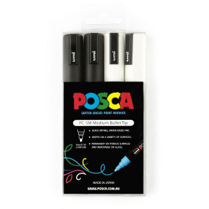 Uni Posca PC-5M Paint Marker Bullet Medium 2.5mm Black And White Pack of 4