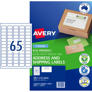 Avery L7651EV Eco Friendly Labels Laser Printer White 38.1x21.2mm 65UP 1300 Labels **