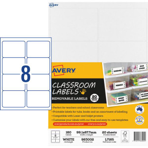 Avery Classroom Labels Laser Printer 99.1 x 67.7 mm White 160 Labels, 20 Sheets