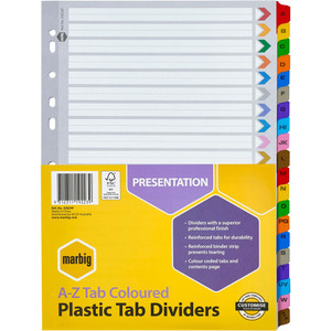 MARBIG PLASTIC COLOURED TABBED MANILLA DIVIDERS A-Z Tab A4