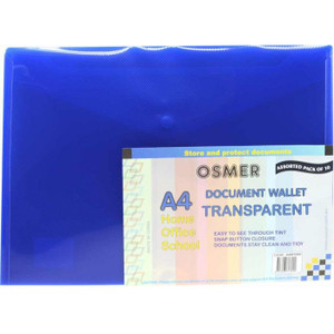 Osmer Plastic Document Wallet with Button Closure A4, Assorted Colours (Each)