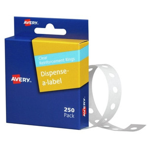 AVERY 934242 REINFORCEMENT RINGS DISPENSER 13MM ROUND CLEAR LABELS PACK OF 250