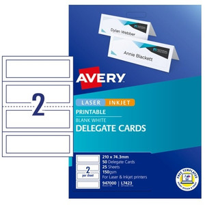 AVERY L7423 Delegate Cards 210 x 74.3 mm Laser/Inkjet Prints on Both Sides 50 Cards / 25 Sheets