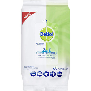 Dettol 2 In 1 Hand & Surfaces Antibacterial Wipes 60 Pack