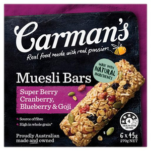 CARMANS SUPER BERRY CRANBERRY, GOJI & BLUEBERRY MUESLI BARS 270GM