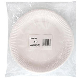CAPRI 9 INCH UNCOATED ROUND PAPER PLATES 50S