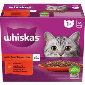 WHISKAS FAVOURITE WITH BEEF MVMS WET CAT FOOD 12X85GM