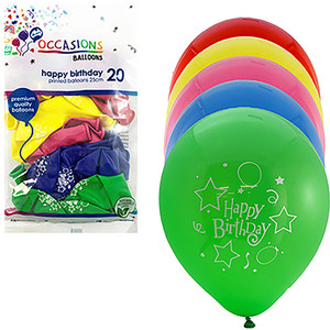 Alpen Occasions Printed Happy Birthday Balloons 25cm Assorted Colours Pack Of 20