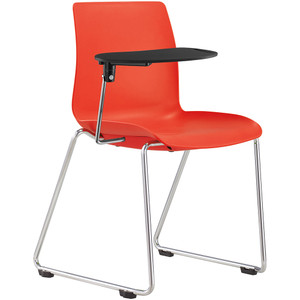 Pod Chair With Right Hand Side Tablet Arm Sled Chrome Base Red Plastic Seat