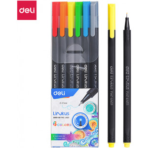 Deli Linkus Fineliner 0.4mm Tri Grip Assorted Pack of 6