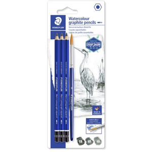 Staedtler 100 Mars Lumograph Aquarell Pencils with Brush, Assorted Card of 4